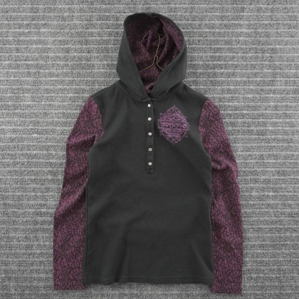 Vintage Y2K Harley-Davidson Henley Hoodie Womens Small Black Purple Thermal Top